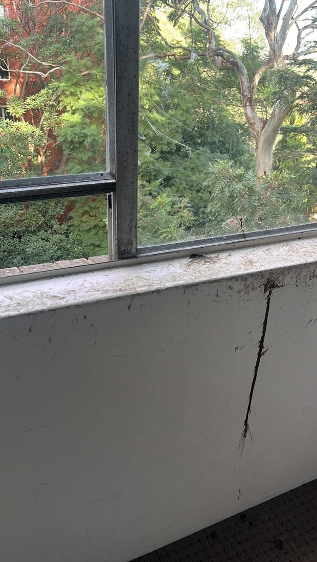 Dirty window sill and frame before cleaning